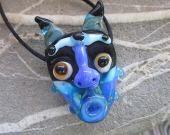 Mask necklace, glass bead pendant, blue & black horned amulet, lampwork glass bead face totem sculptural focal glassbead, Isinglass Design