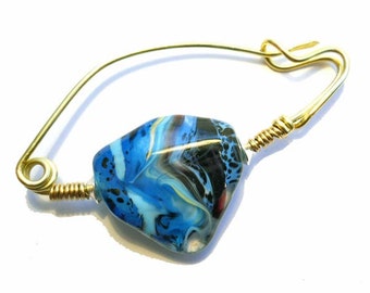 Blue triangle shawl pin, lampwork glass bead, fibula pin, sweater pin, brass weaver & knitter jewelry, glassbead, SRAJD, Mother's day gift