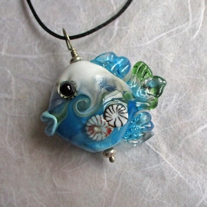 Blue & white Lampwork fish pendant, ocean wave glass bead necklace, jewelry supplies, fish sculpture, summer ocean necklace Isinglass Design