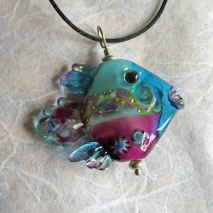 Aqua & pink lampwork fish amulet pendant, glass bead necklace, jewelry supplies, fish sculpture, summer ocean necklace, Isinglass Design