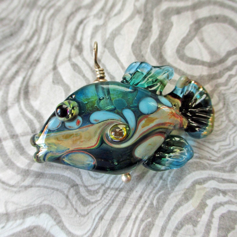 fish sculpture Lampwork glass fish bead teal /& green necklace pendant ocean necklace Laurie Ament Isinglass Design