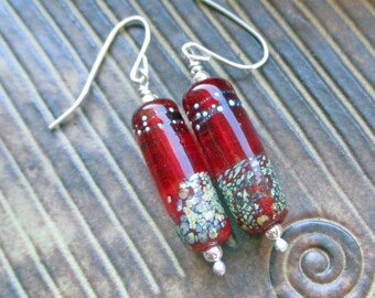 Red & organic tube glass earrings, lampwork glass beads, handmade art jewelry, sterling silver wire SRA art glass