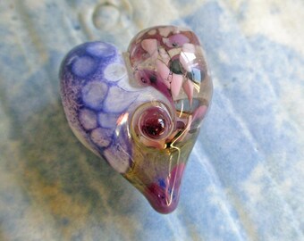 Purple Heart smaller lampwork glass bead pendant necklace, handmade love bead, BHB, one of a kind focal bead, ready to wear jewelry, SRA