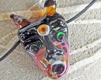 Mask necklace, glass face bead pendant, pink & black sculptural amulet, lampwork glass bead totem focal glassbead, Isinglass Design