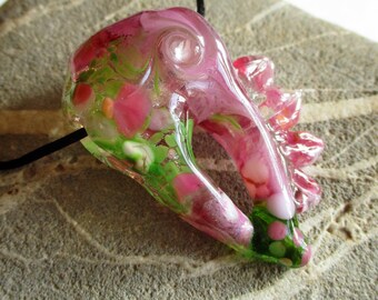 Lampwork pink & green glass bead, winged portal pendant, necklace talisman, handmade focal bead, fiber embellishment art glass, SRA