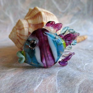 Purple & blue striped  lampwork fish glass bead pendant necklace, jewelry supplies, fish sculpture, summer ocean necklace, Isinglass Design