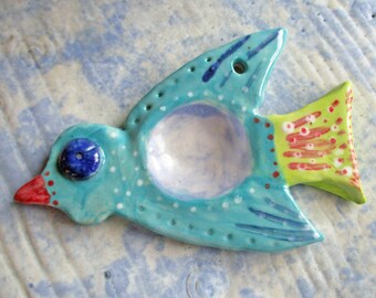 Blue bird pottery support spindle bowl, clay handmade spinning supplies, incense burner or ring catcher, support yarn spinning