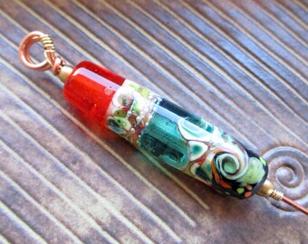 Glass Bead Orifice Threading Hook for spinning wheel, orange & teal bead fiber hook, lampwork glass bead, handmade spinners tool