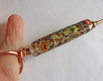 Glass Bead Ring Distaff for hand spinning, pink organic lampwork bead handmade spinners tool, wool gathering