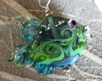 Green & aqua blue glass bead fish pendant, lampwork necklace, jewelry supplies, fish sculpture, ocean summer necklace, Isinglass Design