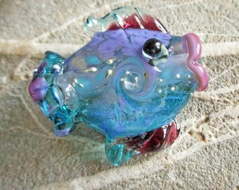 Aqua Blue Lampwork Glass Fish Bead, Pendant Necklace with horizontal hole, handmade glass bead, designer focal bead