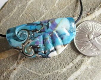 Blue lampwork glass bead abstract amulet pendant, 'vista' wearable art necklace, handmade focal bead talisman, SRA