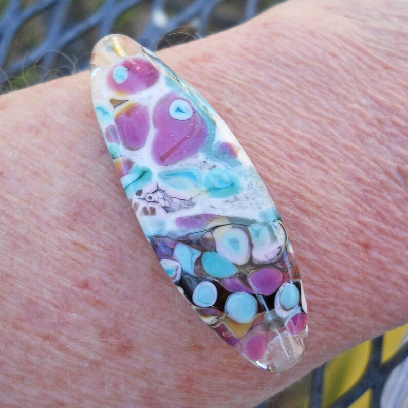 art bead Lampwork glass curved bead pink /& blue /'jellies/' wide bent bracelet supplies boho bead Lampwork Glass jewelry supplies