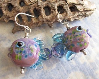 Purple & blue glass fish bead earrings, lampwork glass bead fish, handmade SRA art glass jewelry, ocean glassbead, Isinglass Design