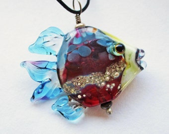 Lampwork glass fish necklace pendant, Pink & Blue designer jewelry supplies, fish sculpture, ocean summer necklace, Isinglass Design