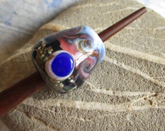 Lampwork glass bead whorl, blue moon Viking style lampwork glass whorl; optional support spindle stick, wool spinning, SCA