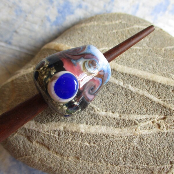 Lampwork glass bead whorl, blue moon Viking style lampwork glass whorl; optional support spindle stick, wool spinning, SCA