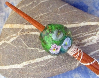 Viking style lampwork glass bead whorl, teal with flowers; optional support spindle, handmade historical wool spinning, SCA