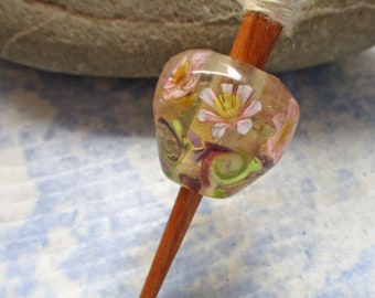 Viking style lampwork glass bead whorl pink flower with optional support spindle, handmade historical wool spinning, SCA
