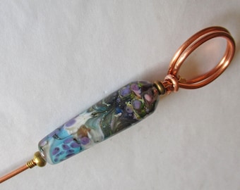 Glass Bead Ring Distaff for hand spinning, lampwork blue & purple bead handmade spinners tool, wool gathering