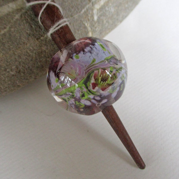 Viking style lampwork glass whorl, purple flower murrini glass bead; optional support spindle, handmade historical wool spinning, SCA