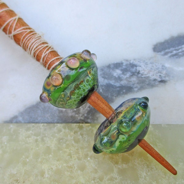 Medieval style bead support spindle, green & purple handmade historical glass whorl, Viking wool spinning, portable spindle