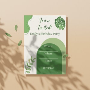 Invitación boho verde, invitación a chicas verde oliva, cumpleaños de planta pastel, tarjeta encantadora Gen-Z, invitación de cumpleaños de descarga digital de tendencia
