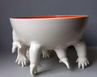 Standing bowl w/Hands, orange and black interior, low fire white clay, large, Susan Kniffin Davidson Ceramics, Kniffin Pottery