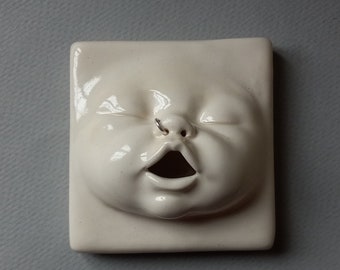 Baby Face Wall Tile w/nosering, Mid Range Stoneware, ready to ship, Susan Kniffin Davidson Ceramics, Kniffin Pottery