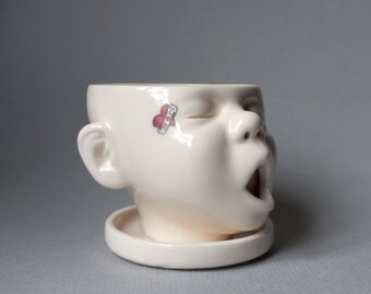 Baby Head Planter w/mom tattoo, Mid Range Stoneware, small, Susan Kniffin Davidson Ceramics, Kniffin Pottery