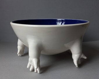 Standing bowl w/hands, Indigo interior, low fire clay, ready to ship, Susan Kniffin Davidson Ceramics, Kniffin Pottery