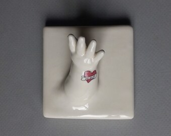 Baby Hand Wall Tile w/mom tattoo, ready to ship, Susan Kniffin Davidson, Kniffin Pottery