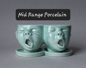 Two Headed Baby Planter, Mid Range Porcelain, Jade Celadon Glaze, small, ready to ship, Susan Kniffin Davidson Ceramics, Kniffin Pottery