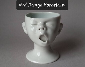Baby Head Cup, Mid Range Porcelain, Blue Ice Glaze Interior, Ready to ship, Susan Kniffin Davidson Ceramics, Kniffin Pottery