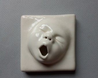 Baby Face Wall Tile, Mid Range Stoneware, ready to ship, Susan Kniffin Davidson, Kniffin Pottery