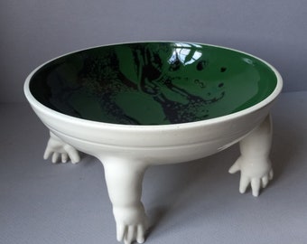 Standing bowl w/Hands, deep green and black interior, low fire white clay, Susan Kniffin Davidson Ceramics, Kniffin Pottery