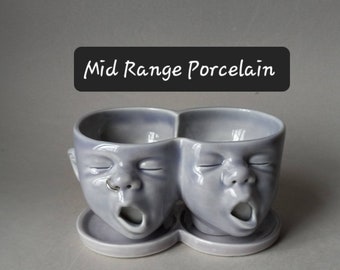 Two Headed Baby Planter w/nose ring,Mid Range Porcelain,Lavender Celadon Glaze,ready to ship,Susan Kniffin Davidson Ceramics,Kniffin Pottery