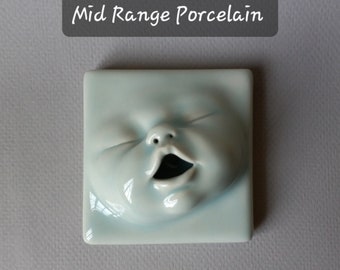 Baby Face Wall Tile, Mid Range Porcelain, Blue Ice Glaze, ready to ship, Sue Kniffin Davidson Ceramics, Kniffin Pottery