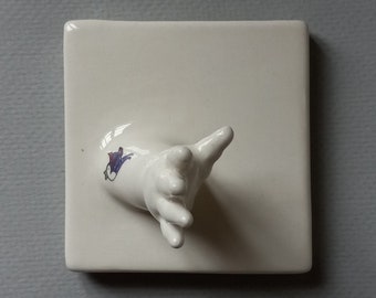 Hand Wall Tile w/Bird Tattoo, ready to ship, Susan Kniffin Davidson Ceramics, Kniffin Pottery