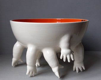 Standing bowl w/Hands, orange and black interior, low fire white clay, large, Susan Kniffin Davidson Ceramics, Kniffin Pottery