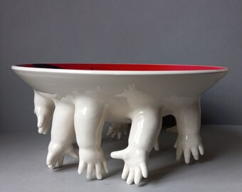 Standing bowl w/Hands, red and black interior, low fire white clay, large, Susan Kniffin Davidson Ceramics, Kniffin Pottery