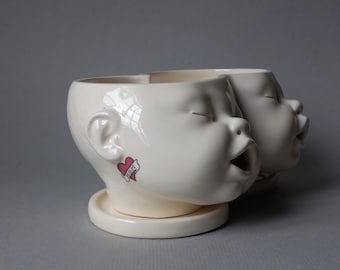 Two Headed Baby Planter w/mom tattoos, ready to ship,  Susan Kniffin Davidson, Kniffin Pottery