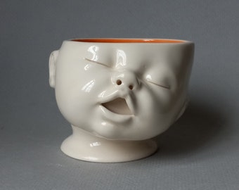 Baby Head Cup, Mid Range Stoneware, Orange Interior, medium, Ready to ship, Susan Kniffin Davidson Ceramics, Kniffin Pottery