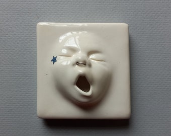 Baby Face Tile w/septum ring and star tattoo, Ready to ship, Susan Kniffin Davidson, Kniffin Pottery