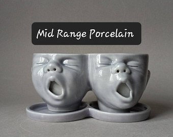 Two Headed Baby Planter, Mid Range Porcelain, Lavender Celadon Glaze, small, ready to ship, Susan Kniffin Davidson Ceramics, Kniffin Pottery