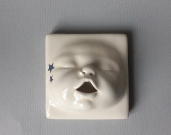 Baby Face Wall Tile w/nosering and star tattoos, Mid Range Stoneware, ready to ship, Susan Kniffin Davidson Ceramics, Kniffin Pottery