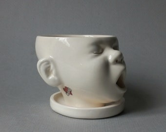 Baby Head Planter w/mom tattoo, small, Susan Kniffin Davidson Ceramics, Kniffin Pottery