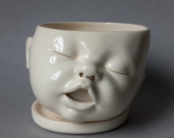 Baby Head Planter w/septum ring, Mid Range Stoneware, medium, Ready to Ship, Susan Kniffin Davidson Ceramics, Kniffin Pottery