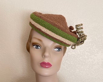 Vintage 1940s Toque Hat with Brown, Green, and Cream Stripes