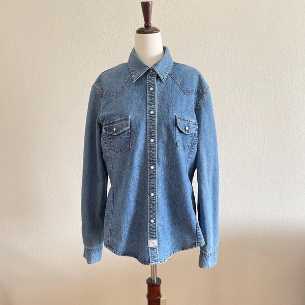 Vintage Denim Long Sleeve Button-up Western Shirt By Levis Strauss Signature (Size L)